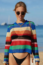 Colorful Long Sleeve Striped Open-Knit Crochet Sweater Cover-Up Swimwear Cover-Ups