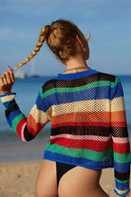 Colorful Long Sleeve Striped Open-Knit Crochet Sweater Cover-Up Swimwear Cover-Ups