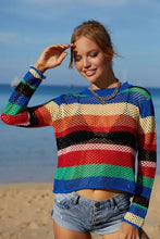 Colorful Long Sleeve Striped Open-Knit Crochet Sweater Cover-Up Swimwear Cover-Ups