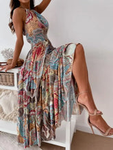 Colorful Paisley Halter Maxi Dress with Tiered Ruched Backless Design Casual Dresses