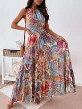 Colorful Paisley Halter Maxi Dress with Tiered Ruched Backless Design