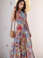 Colorful Paisley Halter Maxi Dress with Tiered Ruched Backless Design
