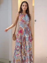 Colorful Paisley Halter Maxi Dress with Tiered Ruched Backless Design Blue Flower