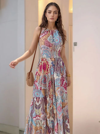 Colorful Paisley Halter Maxi Dress with Tiered Ruched Backless Design Blue Flower