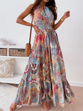 Colorful Paisley Halter Maxi Dress with Tiered Ruched Backless Design