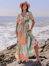 Colorful Patchwork Maxi Dress with Tied and Smocked Details