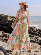 Colorful Patchwork Maxi Dress with Tied and Smocked Details Tangerine