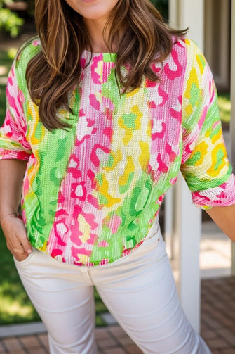 Colorful Patterned Knit Sweater for Women 100 Percent Polyester Fuchsia Pink