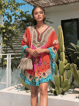Colorful Patterned Oversized Kaftan Tunic Dress Swimwear Cover-Up Red