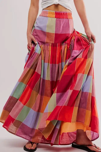 Colorful Plaid Maxi Skirt for Women Polyester Lined Machine Washable Plaid Woman Skirts