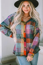 Colorful plaid patchwork button-up top with long sleeve length