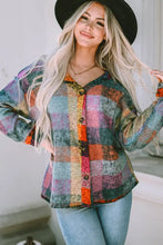 Colorful plaid patchwork button-up top with long sleeve length
