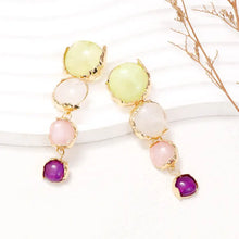 Colorful rhinestone drop earrings with green, pink, purple stones in gold tone