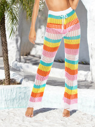 Colorful Striped Crochet Pants with Waist Stretch and Cutout Design Multicolor