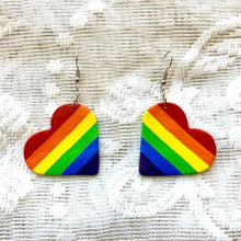 Colorful striped heart rainbow pride flag earrings with silver hooks