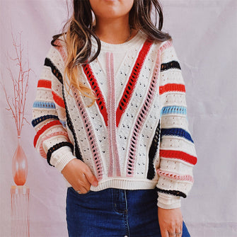 Colorful Striped Knit Sweater Long Sleeve Pullover Multicolor