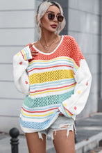 Colorful Striped Knit Sweater with Long Sleeve Length Openwork Pullover