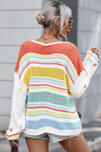 Colorful Striped Knit Sweater with Long Sleeve Length Openwork Pullover