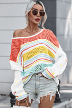 Colorful Striped Knit Sweater with Long Sleeve Length Openwork Pullover