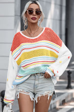 Colorful Striped Knit Sweater with Long Sleeve Length Openwork Pullover Pumpkin