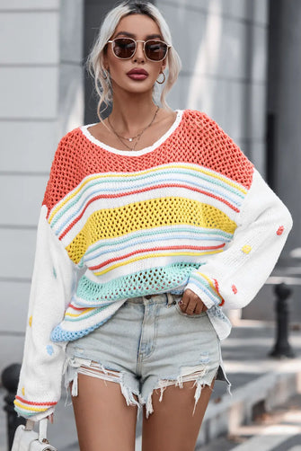 Colorful Striped Knit Sweater with Long Sleeve Length Openwork Pullover Pumpkin