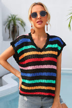 Colorful Striped Open Knit Top with Cap Sleeves Black