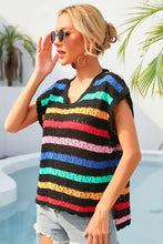Colorful Striped Open Knit Top with Cap Sleeves Swimwear Cover-Ups