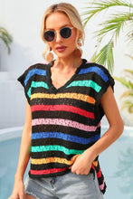 Colorful Striped Open Knit Top with Cap Sleeves