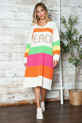 Colorful Striped Peace Sweater Dress for Women Beige