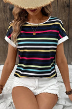 Colorful Striped Short Sleeve Casual T Shirt for Women Black