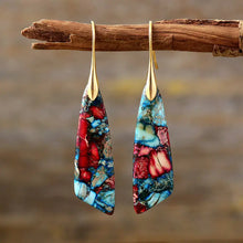 Teardrop shape dangle earrings in red, blue, brown stones with gold hooks