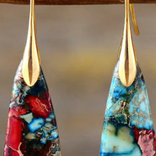 Colorful teardrop shape dangle earrings with speckled jasper in gold