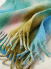 Soft, colorful tie-dye polyester scarf with fringed ends