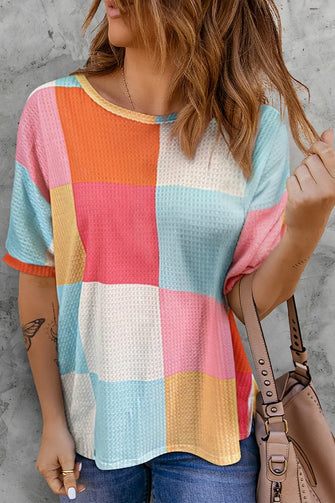 Colorful Waffle Knit Patchwork Shirt for Women Pink