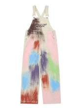 Colorful wide leg overalls in pastel pink with paint splatter, machine wash cold
