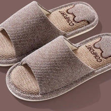 Beige striped open toe flats slippers with heart design and cooling heel text