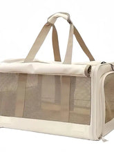 Breathable beige mesh pet carrier bag with sturdy handles for pet travel