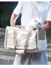 Breathable pet carrier bag with cream body, beige straps, mesh panels