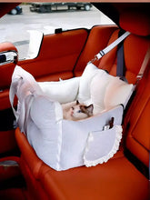 White pet car seat with lace trim, side pockets for Comfortable & Secure Carrier