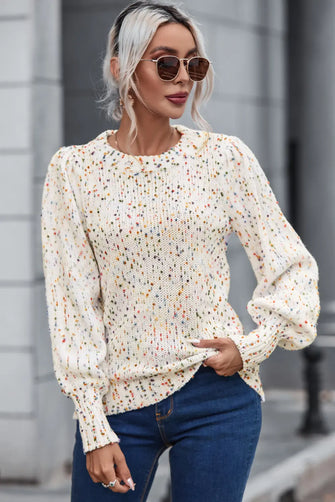 Confetti Speckled Knit Sweater with Long Sleeve Length Cream