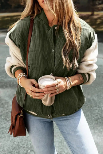 Contrast Baseball Collar Snap Down Long Sleeve Jacket Moss Woman Outerwear