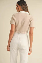 Beige contrast collared knit shirt with mable buttons and white cuffs
