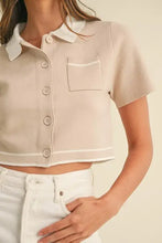 Beige contrast collared knit button-down shirt with mable buttons