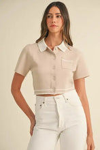 Beige contrast collared knit button-down shirt with mable buttons