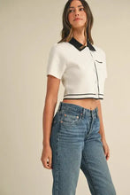 White contrast collared knit crop top with Mable button detail