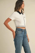 White contrast collared knit crop top with mable button detail and jeans
