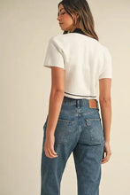 White contrast collared knit crop top with mable button detail