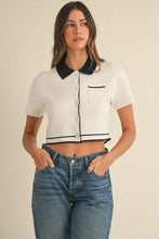 White contrast collared knit crop top with mable button detail