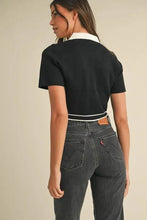 Black contrast collared knit cropped polo with mable button