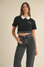 Black contrast collared knit cropped polo with mable button and chest pocket